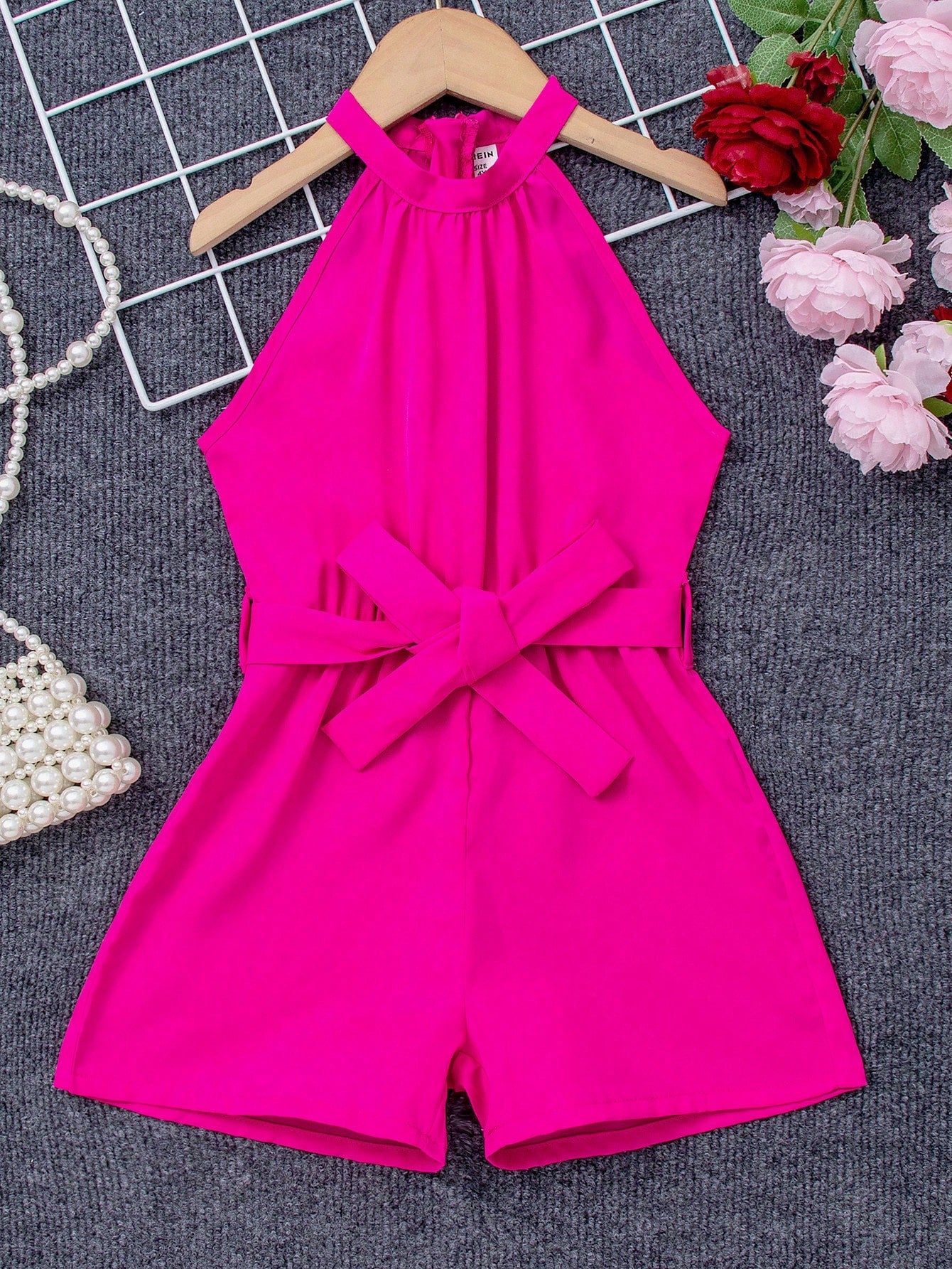 Young Girl Solid Color Belted Halterneck Romper