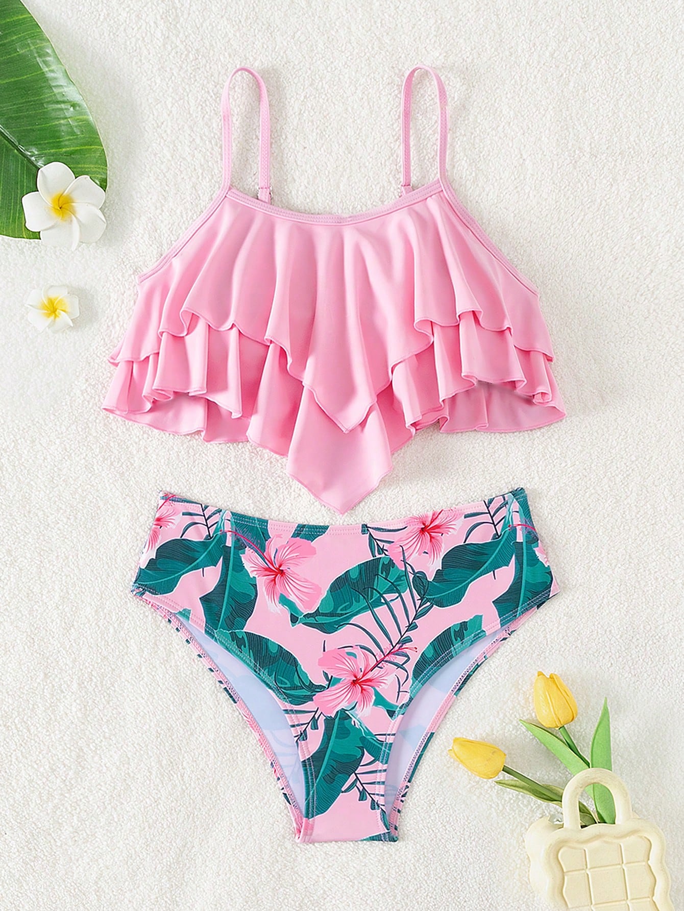 Teen Girls' Layered Ruffle Trimmed Cami Top & Tropical Printed Triangle Bikini Set