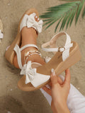 Women's Summer Wedge Heel Thick Bottom Sandals With Bowknot & Single Strap Buckle Closure, Chic Outdoor Leisure Fashion Sandals