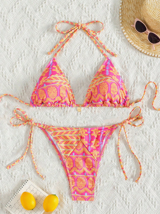 Swim Mod Summer Beach Random Printed Side Knot Bikini Set