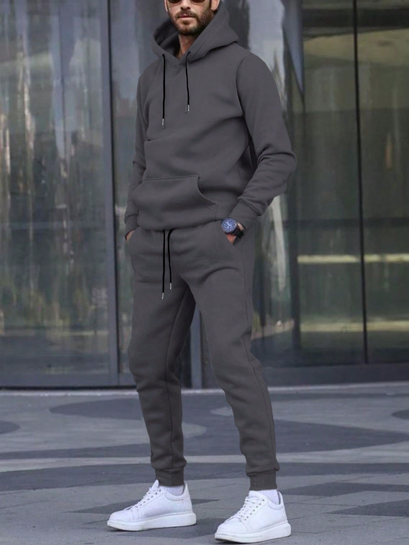 Men's Solid Color Drawstring Hoodie And Pants Set