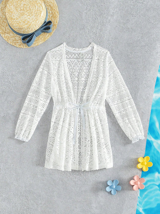 Young Girl Hollow Out Long Sleeve Tie Front  Kimono