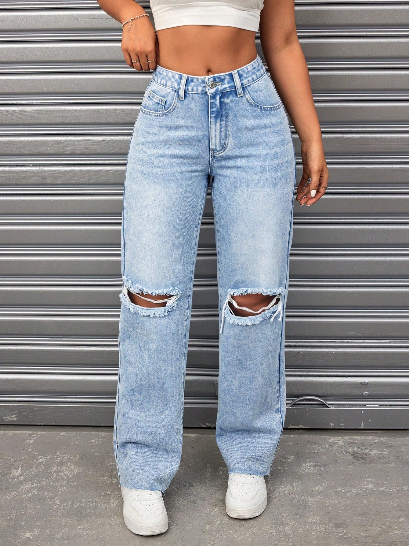 Mid-Waist Distressed Straight Leg Jeans With Washed Design