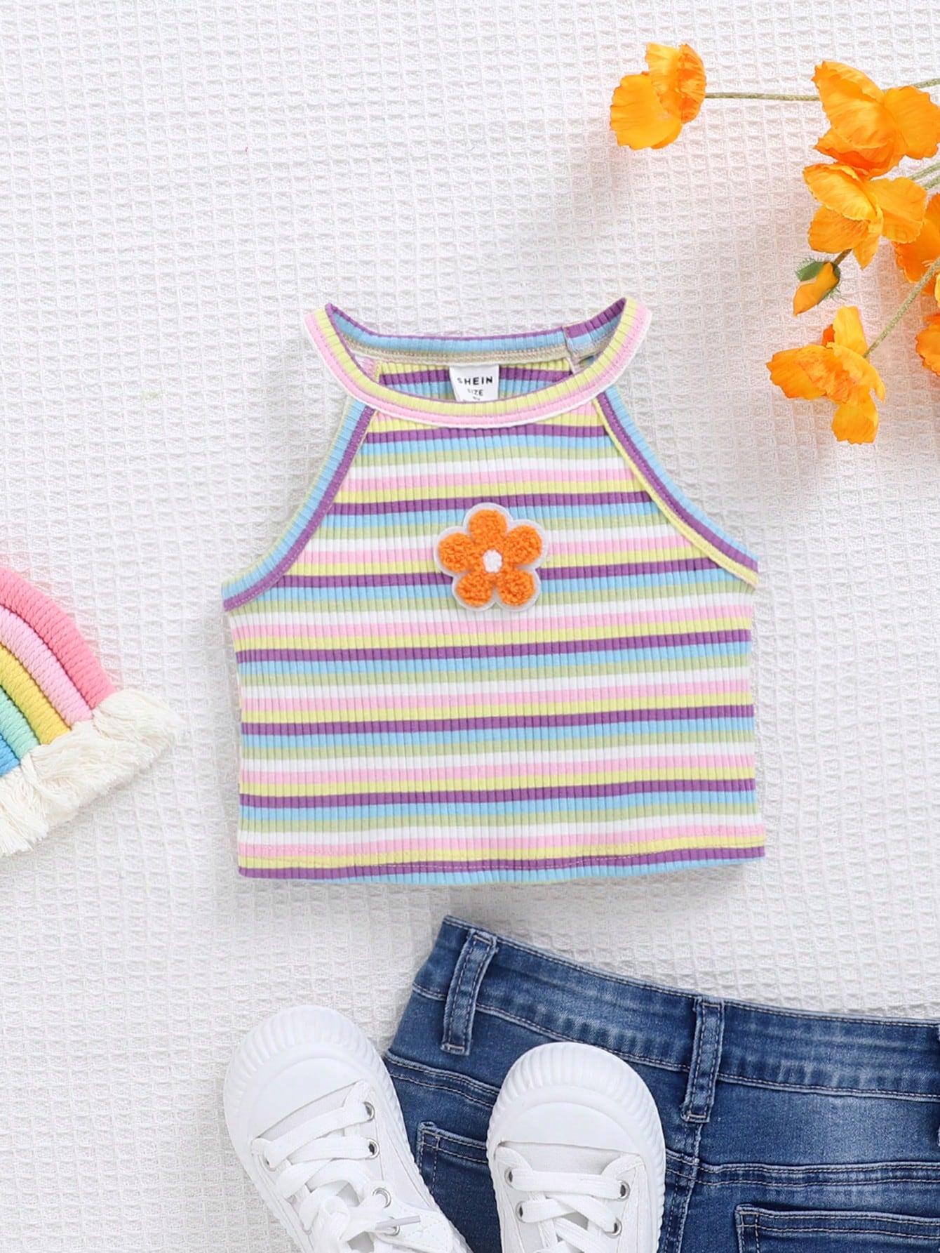 Young Girl Floral Patched Striped Halter Top