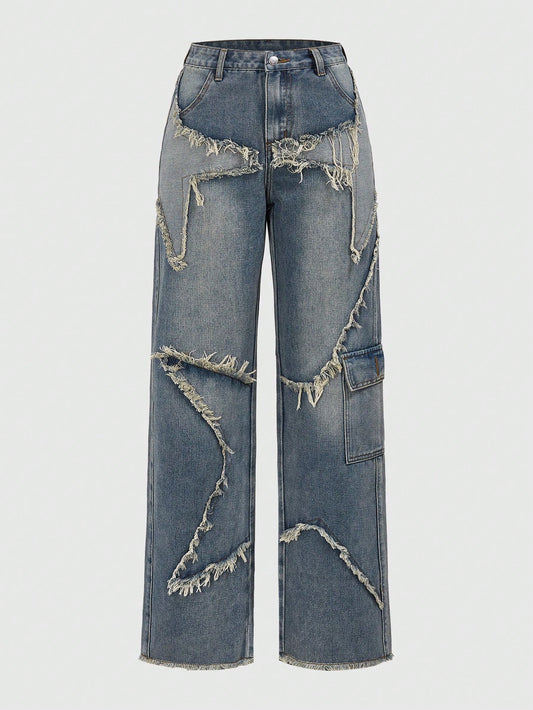 Fairycore Frayed Edge Decor Washed Denim Pants