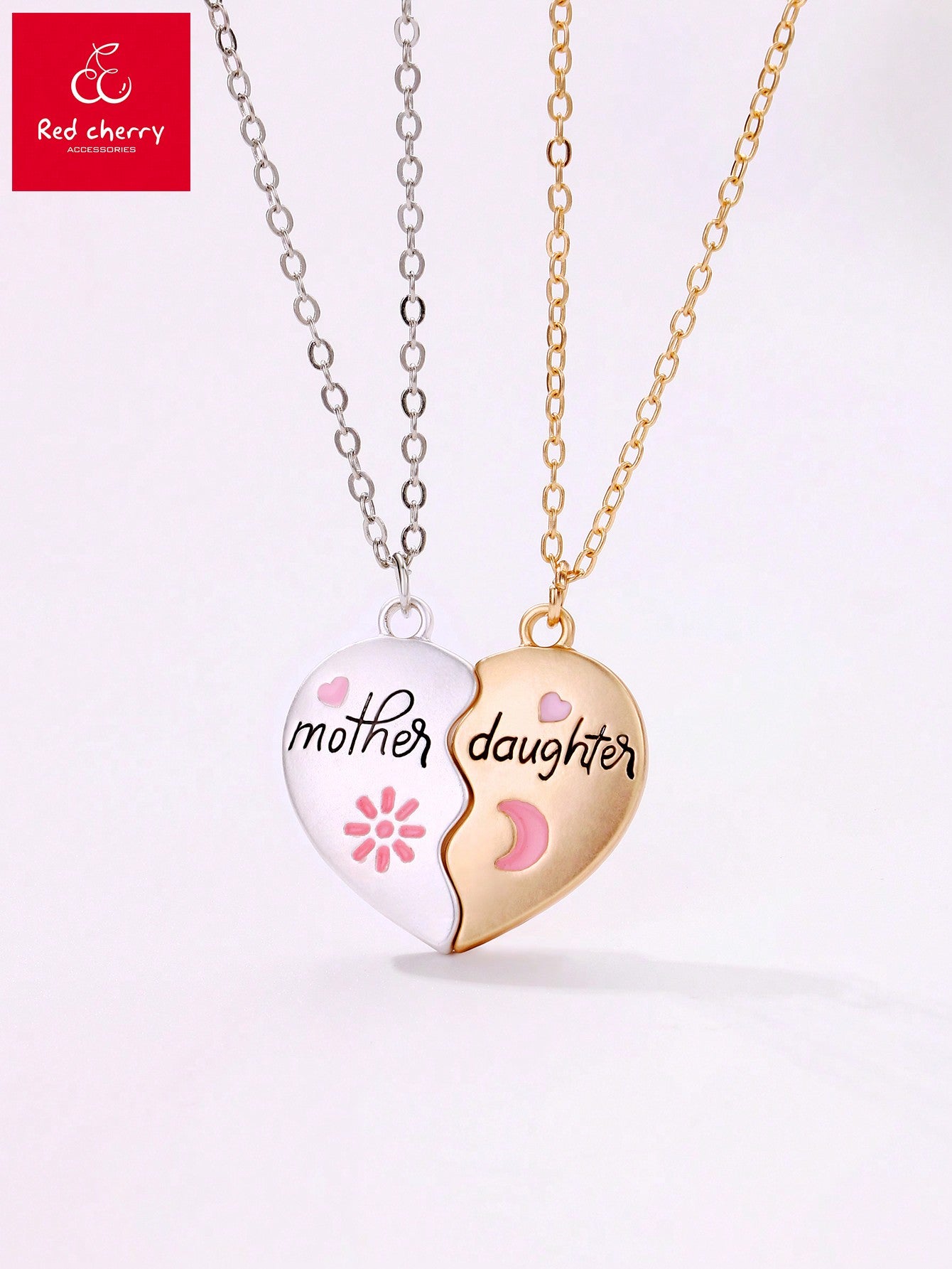 2pcs/Set Zinc Alloy Mother Daughter Sun Moon Heart Shaped Letter Detail Magnetic Pendant Necklaces For Girls With Gift Card Packing, Ideal For Mother's Day Present