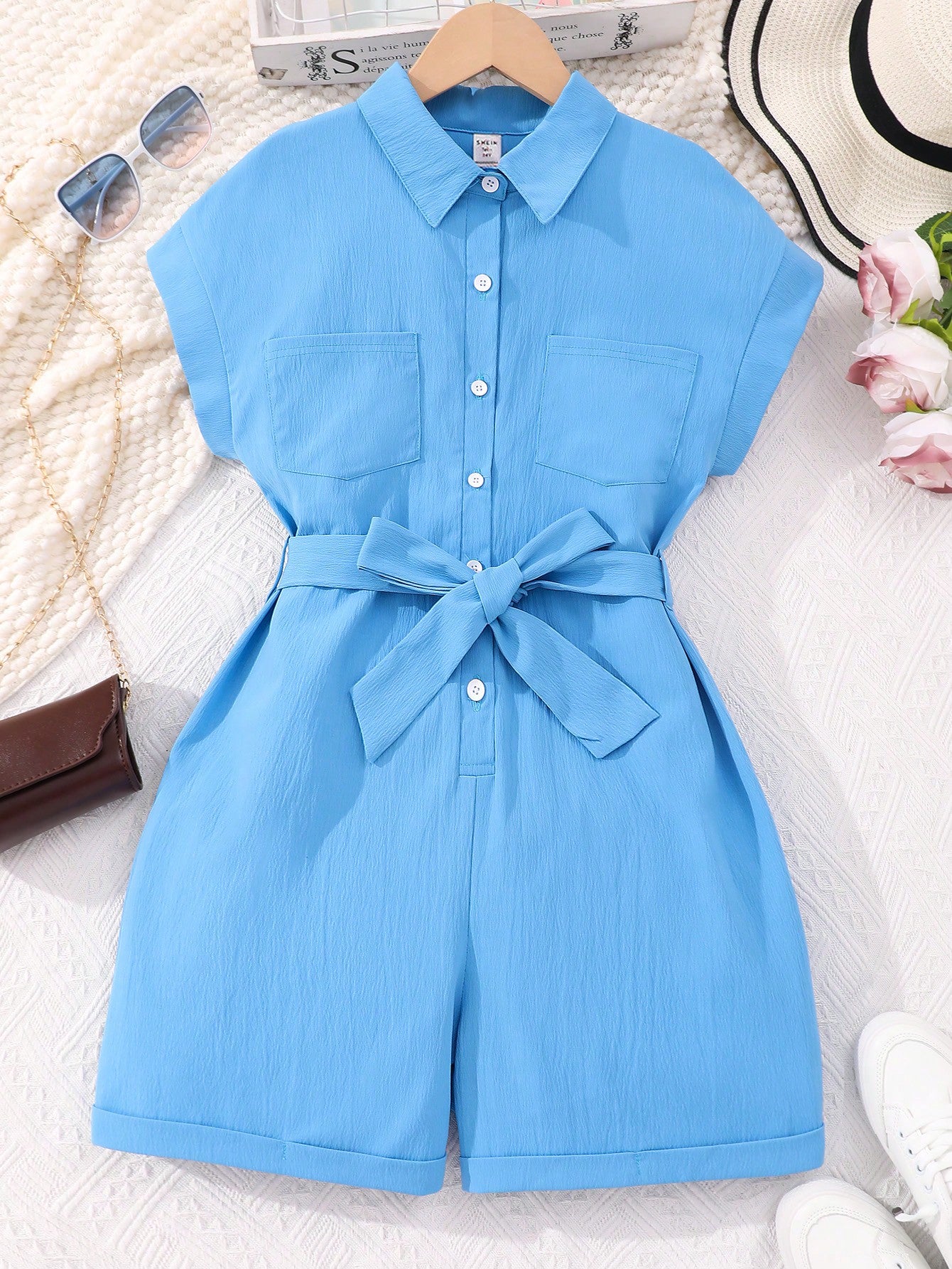 Teenage Girls' Solid Color Casual Shirt Romper With Waist Belt