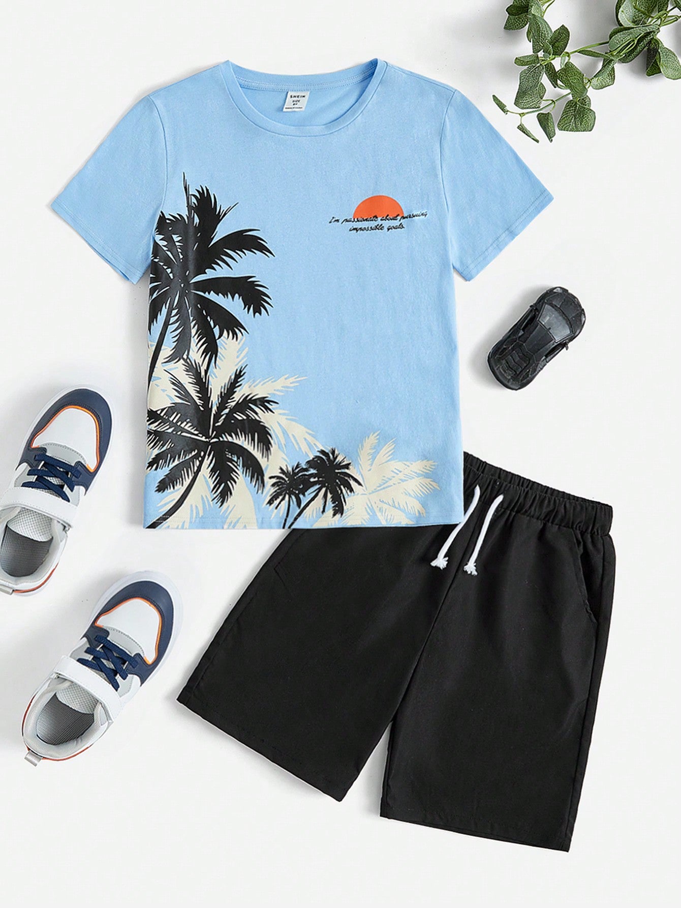 Tween Boy Palm Tree & Slogan Graphic Tee & Drawstring Waist Shorts