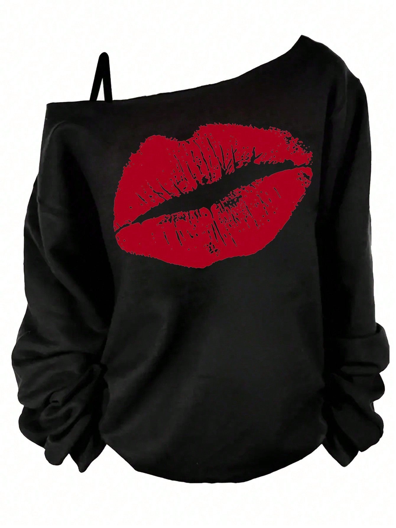 Plus Size Women's Lips Printed Irregular Shoulder T-Shirt