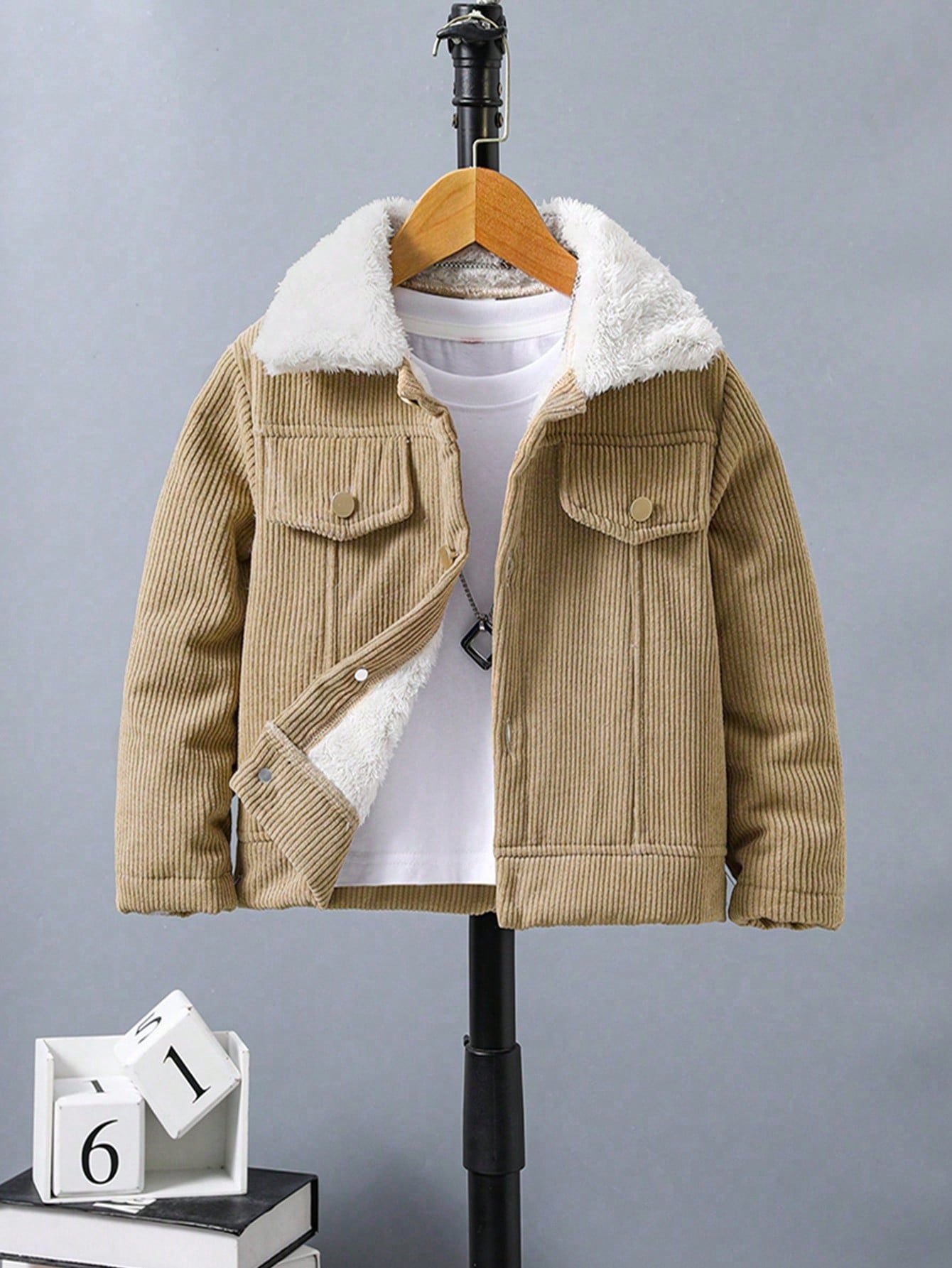 Young Boy Borg Collar Flap Detail Corduroy Coat