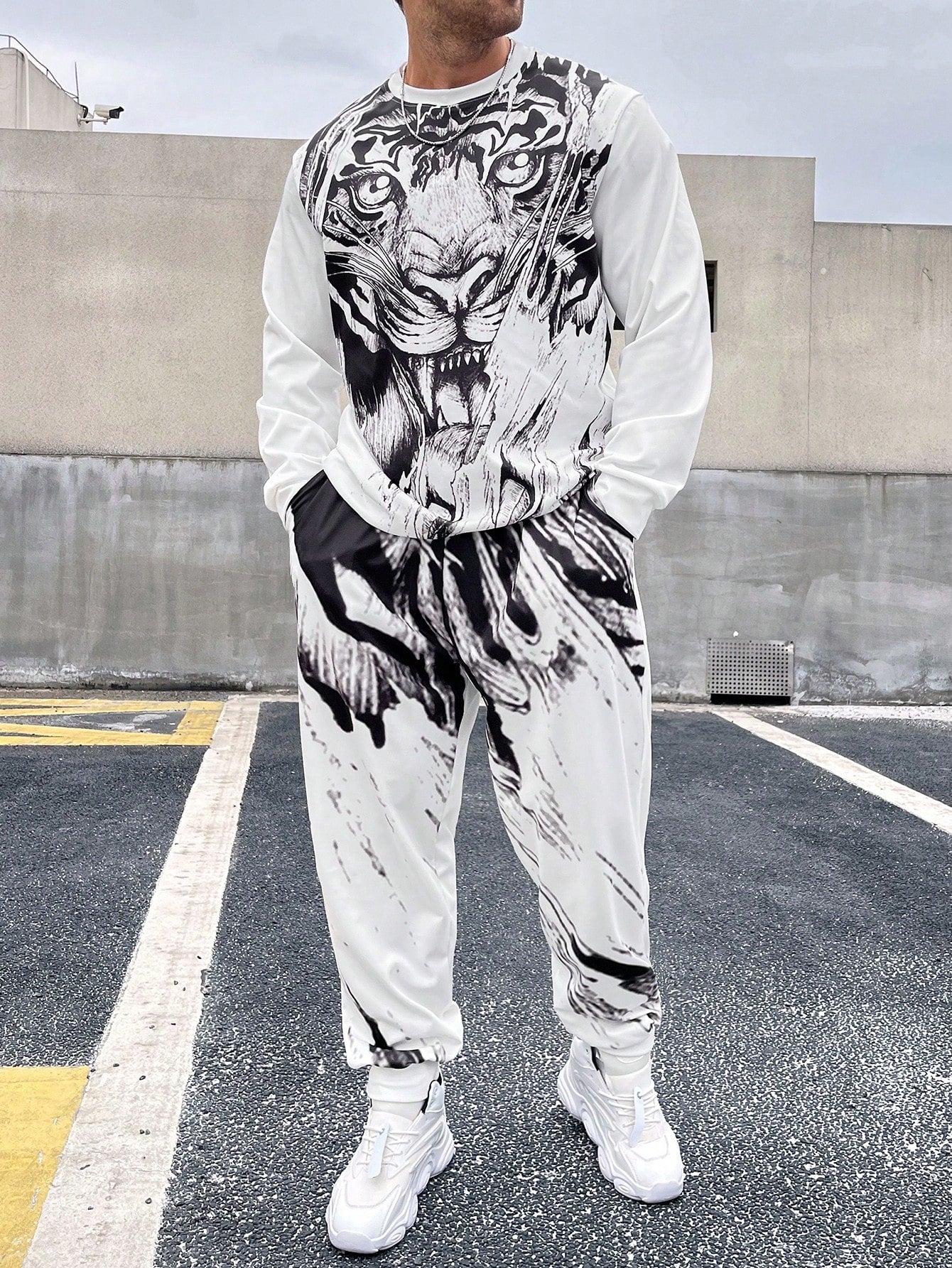 Men's Plus Size Tiger Printed T-Shirt And Pants Set