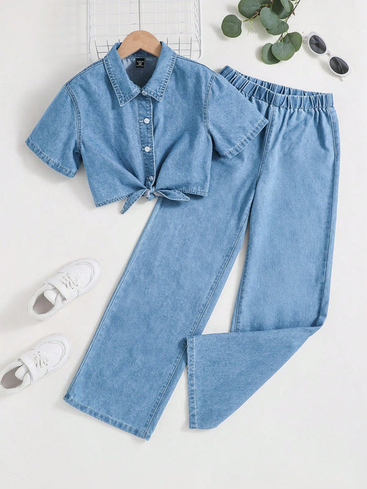 Tween Girl New Spring/Summer Casual Comfortable Denim Short Sleeve Shirt And Long Pants Outfit Holiday