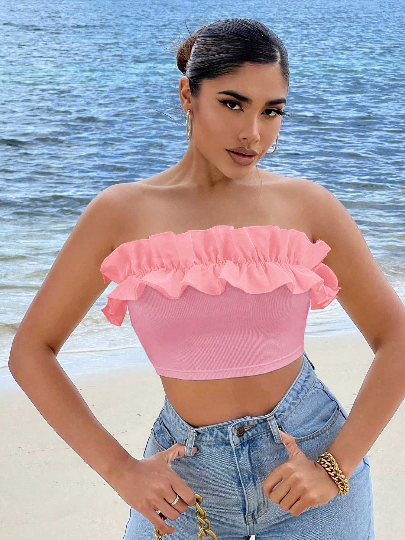 Ruffle Trim Crop Tube Top