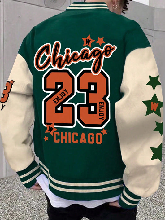 Oversized Men's Varsity Jacket With Letter Graphic, Striped Trim And Drop Shoulders