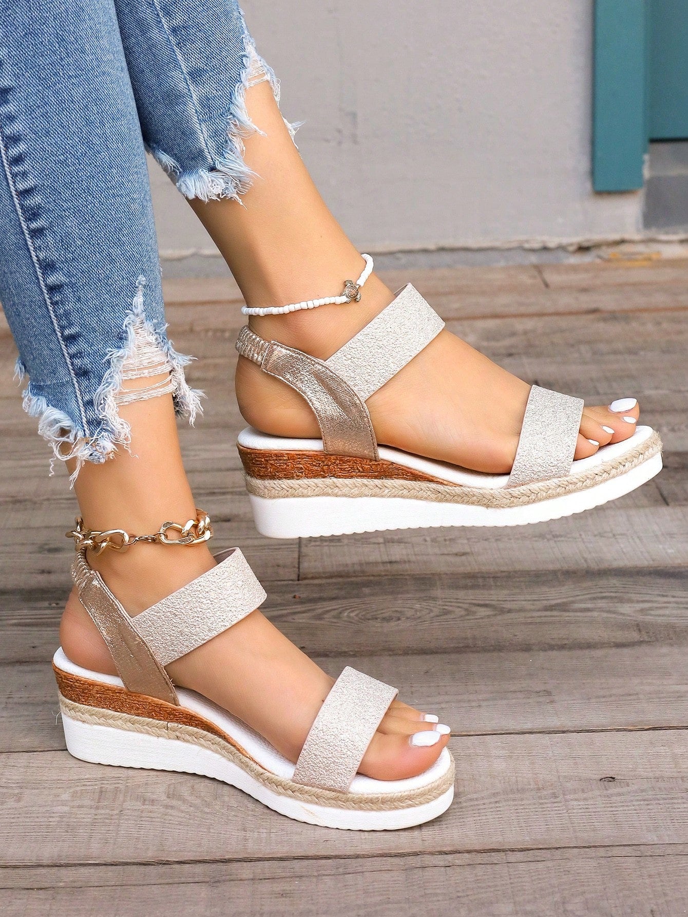 Summer New Style Women High Heels Increase The Height, Waterproof Platform, Thick Bottom, Elastic Band, Open Toe, Wedge Sandals