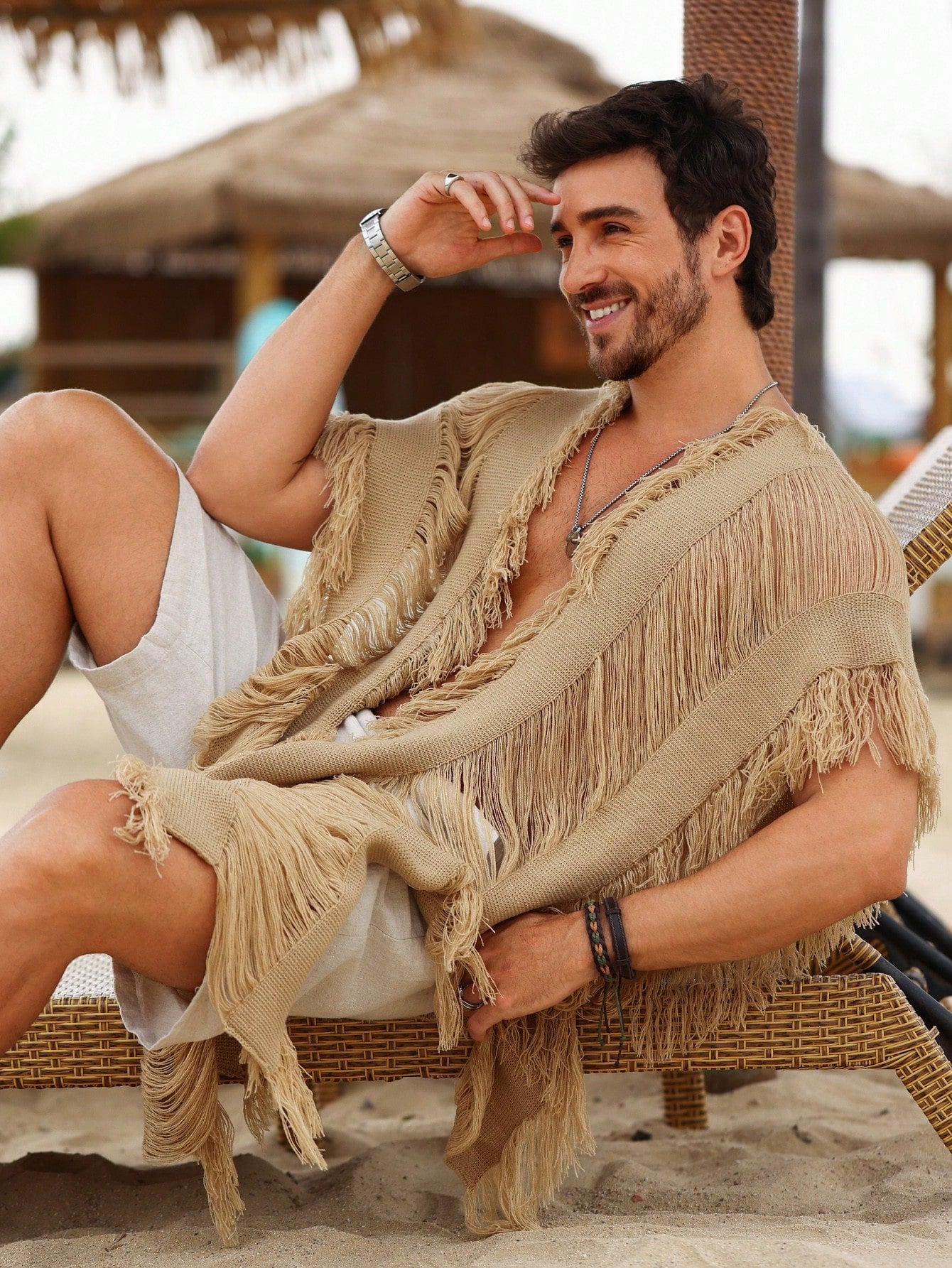 Men's Solid Color Fringe Cardigan Suitable For Vacation And Travel Accessories