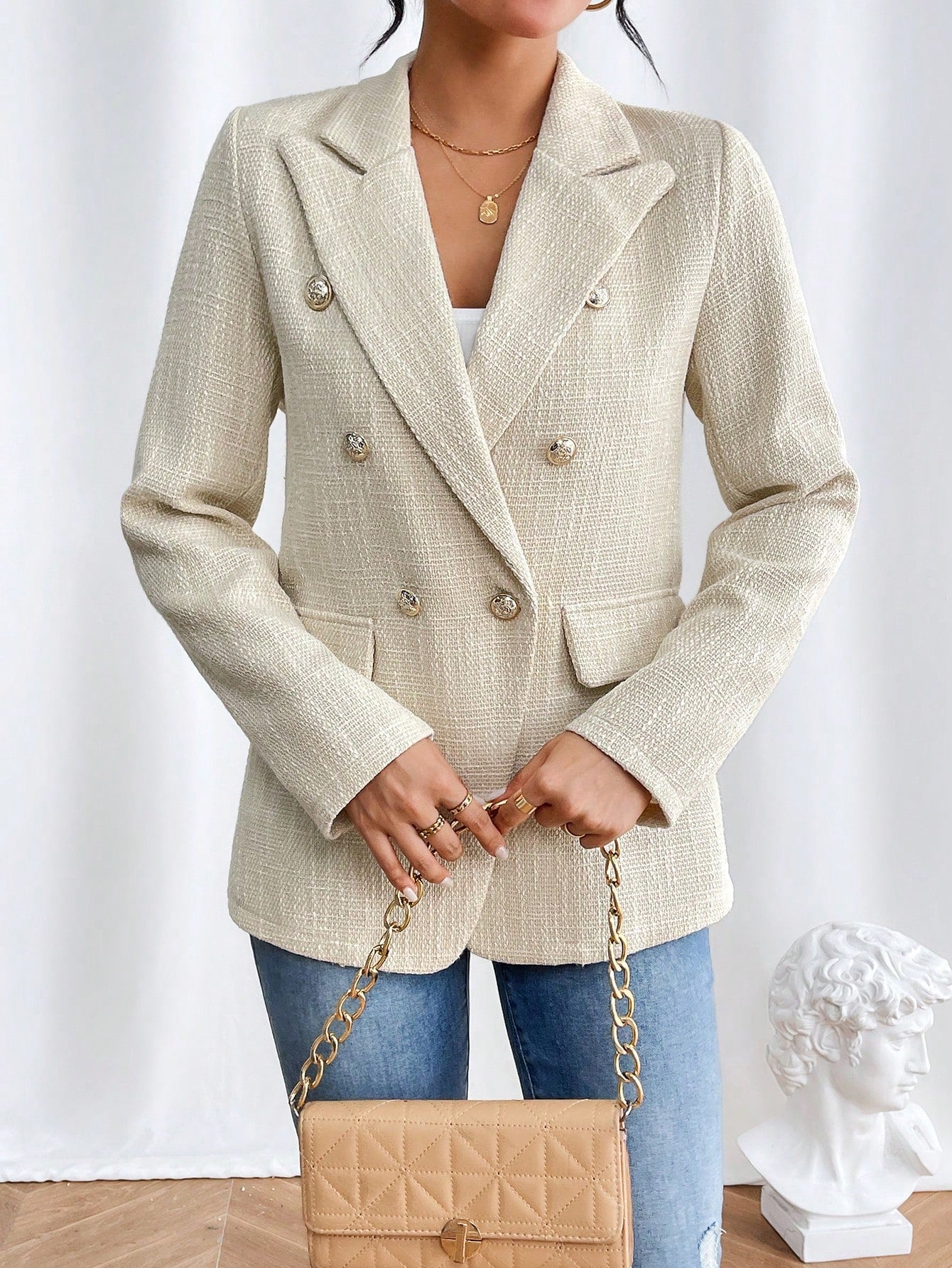 Lapel Neck Double Breasted Tweed Blazer