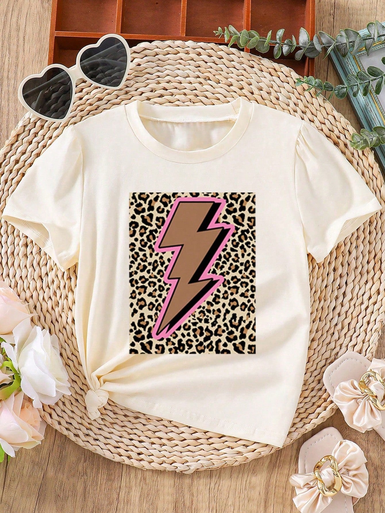 Tween Girl Leopard & Lightning Pattern Printed Short Sleeve T-Shirt