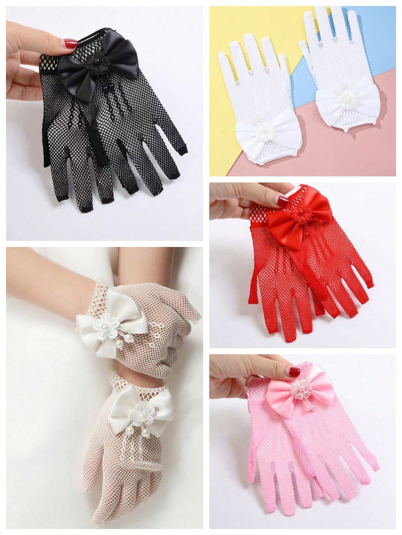 1 Pair Children's Fishnet Gloves With Bowknot, Suitable For Daily & Festival Occasions