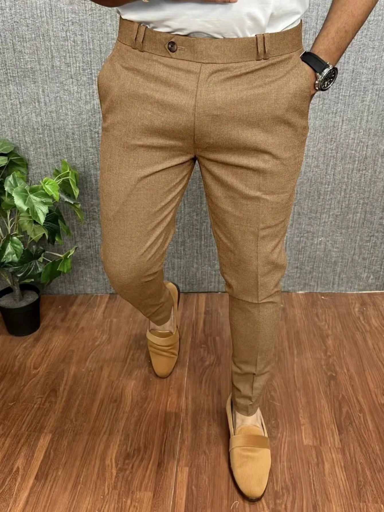 Men Solid Color Loose Fit Straight Leg Casual Pants With Pockets For Daily Commute And Leisure