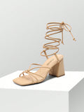Women Chunky Heeled Strappy Sandals, Lace-Up Stylish Sexy High Heels With Square Toe For Party Travel Date