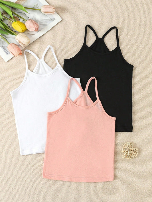 Young Girl Simple Solid Color Strap Camisole Vest 3 Pieces Set Underwear