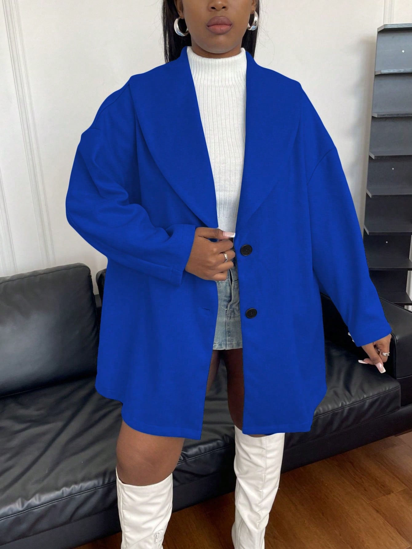 Frenchy Plus Size Solid Color Shawl Collar Woolen Coat