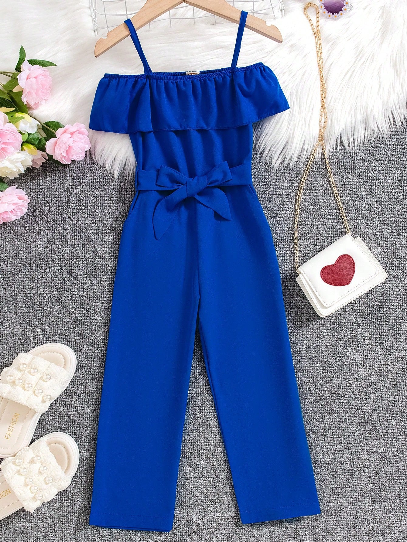 Young Girl Cold Shoulder Belted Jumpsuit Without Bag