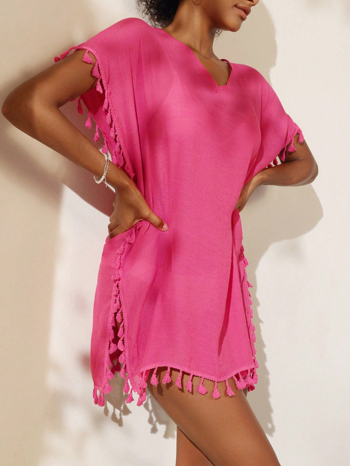 Swim Summer Beach Women Cover-Up Dress With Tassel Decoration, Solid Color, Batwing Sleeves And Side Slits