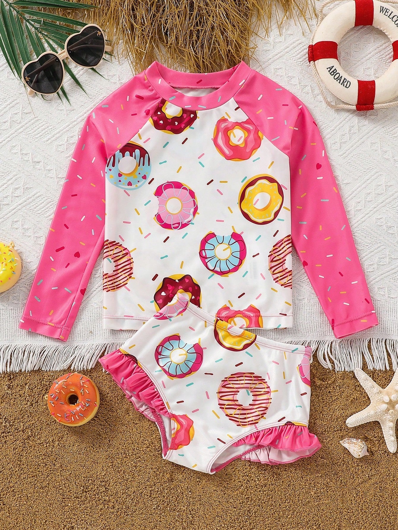 Young Girl Casual Donut Printed Knitted Round Neck Long Sleeve Top And Triangle Swimwear Set