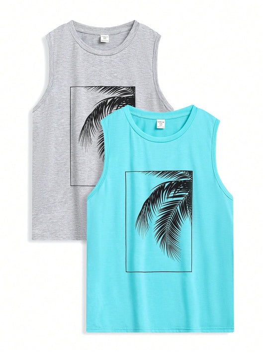 Tween Boys' Summer Casual Vacation Style Palm Tree Printed Loose Knitted Tank Top