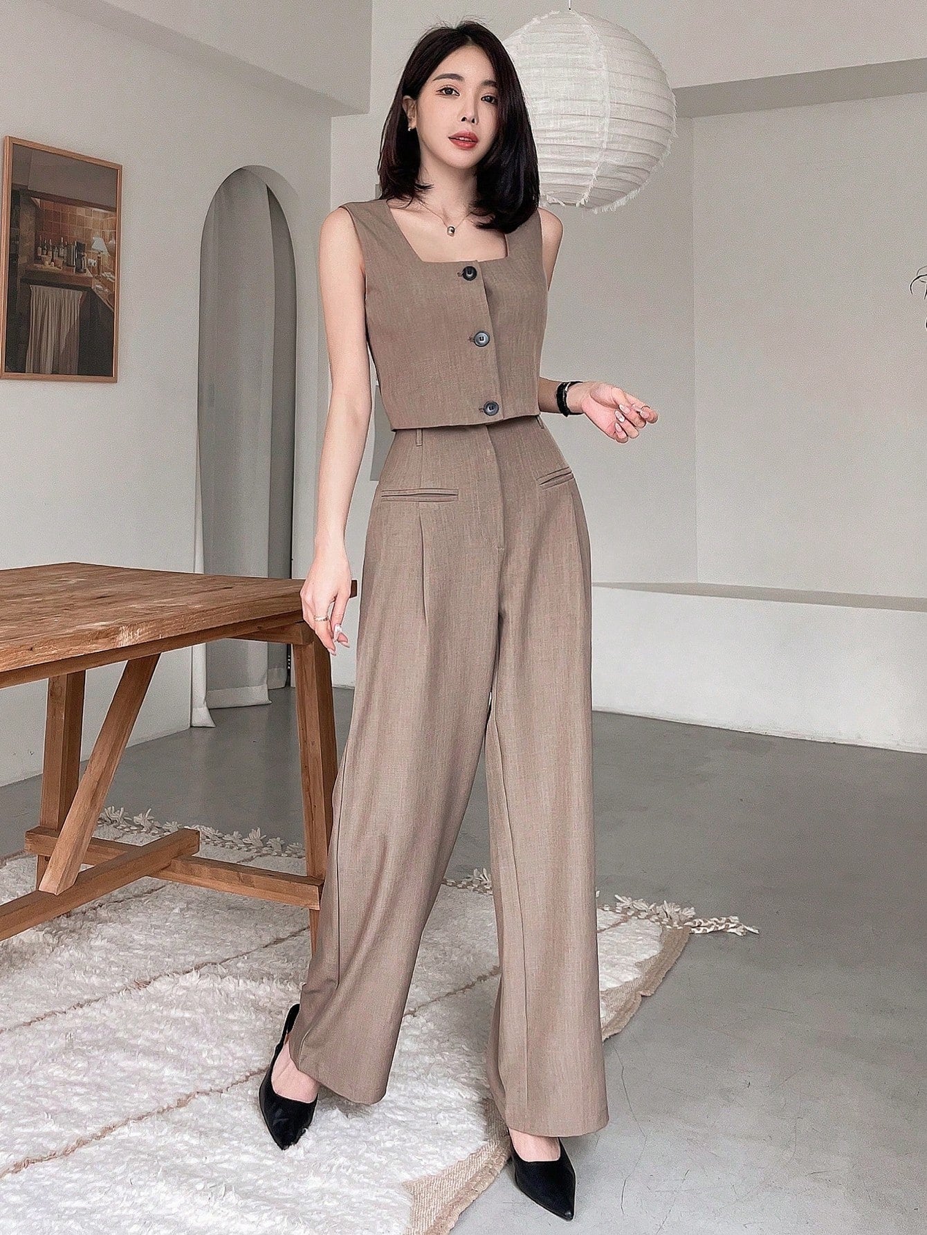 2pcs Square Collar Suit Vest With High-Waisted Straight Wide Leg Pants Set