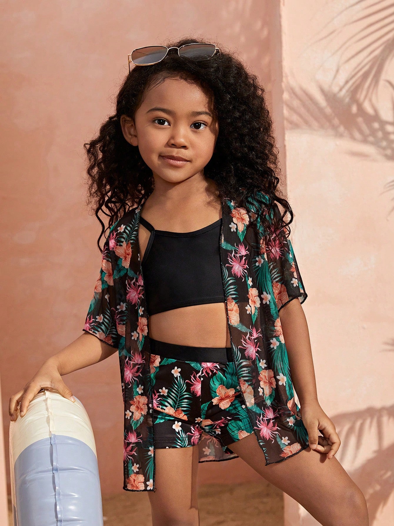 Young Girl's 3pcs Tropical Pattern Kimono + Knitted Camisole Vest + Shorts Swimwear Outfits For Spring/Summer