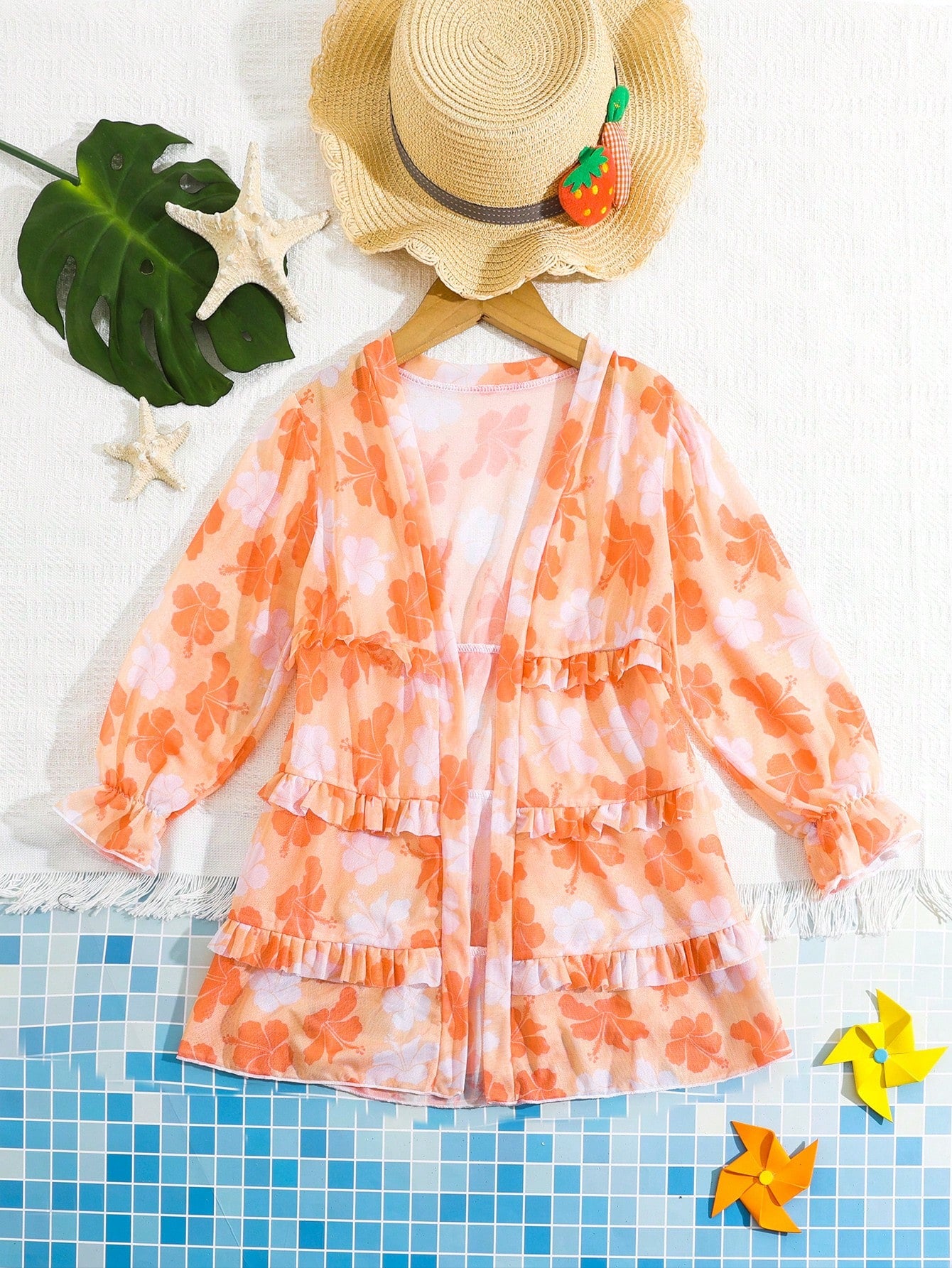 Young Girl Floral Print Ruffle Edge Cardigan