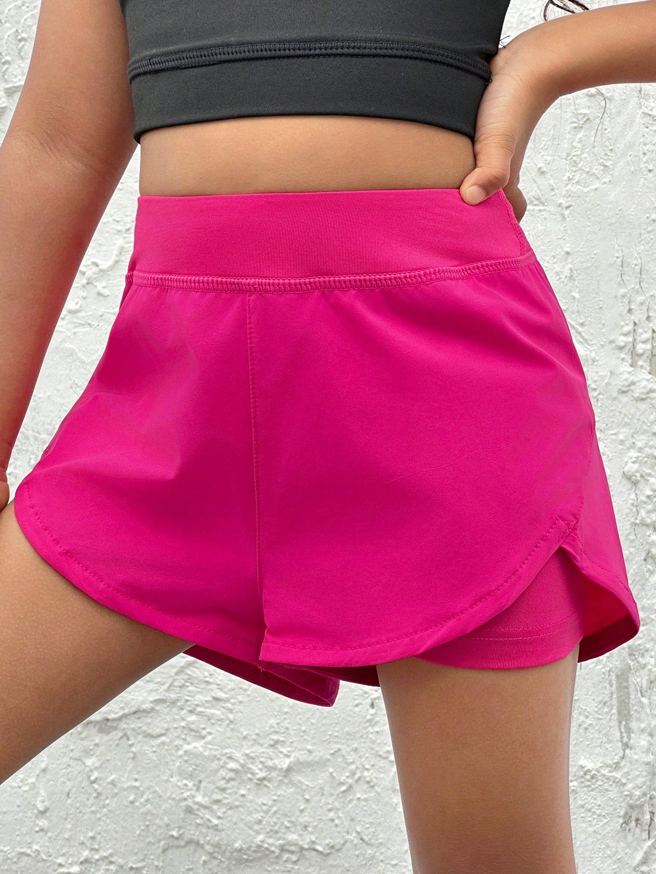 Young Girl's Woven Solid Color Splicing Knitted Base Shortsfor Sports And To Prevent Exposure