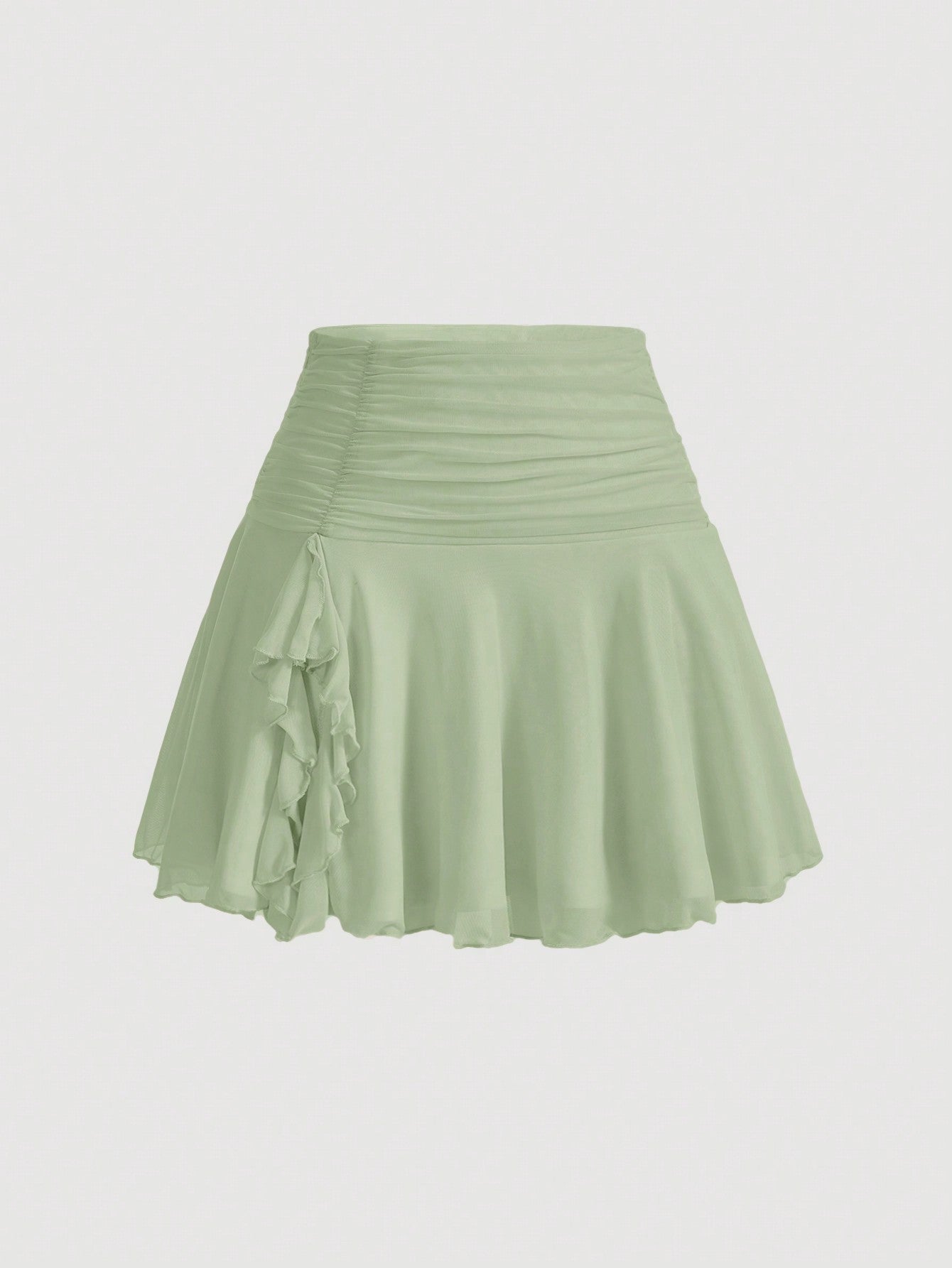 Drawstring Ruched Ruffle Hem Chiffon White Short Skirt