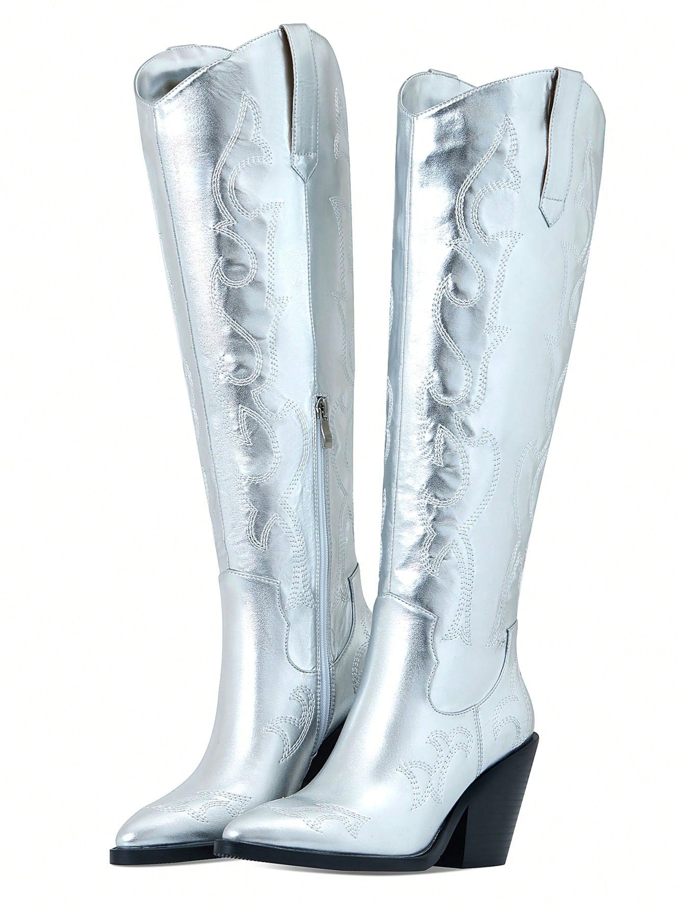 Silver Cowboy Boots For Women Cowgirl Knee High Boots Metallic Pull On Almond Toe Boots Embroidered Side Zip Western Boots