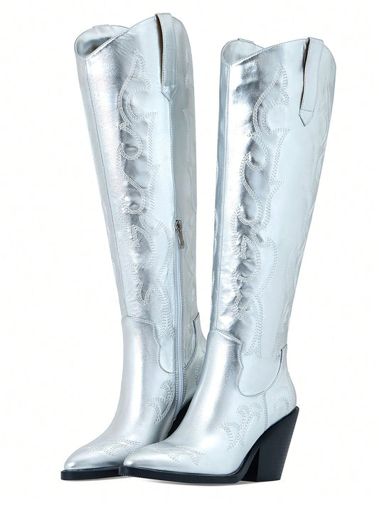 Silver Cowboy Boots For Women Cowgirl Knee High Boots Metallic Pull On Almond Toe Boots Embroidered Side Zip Western Boots