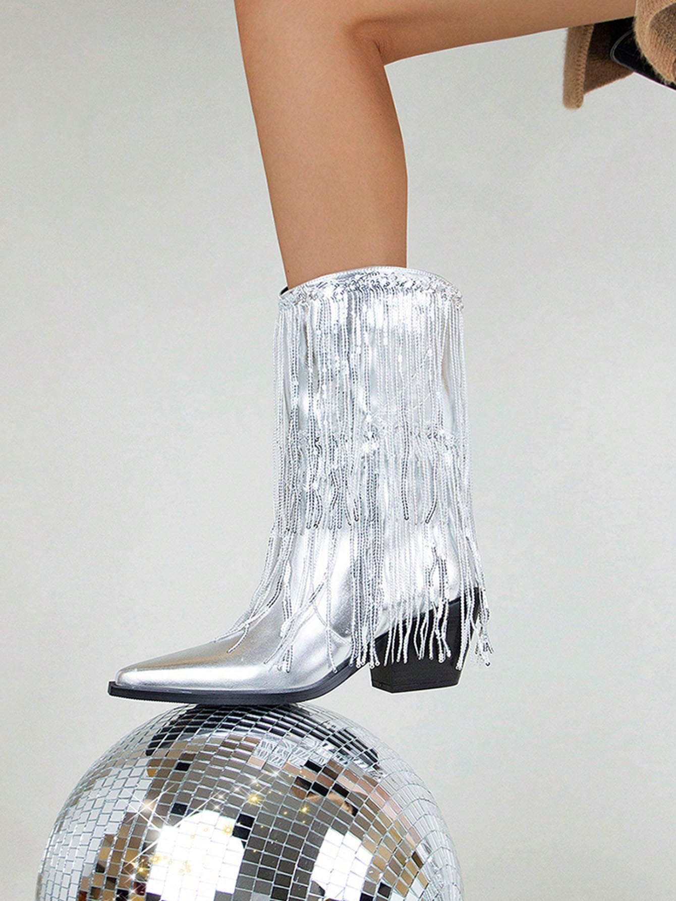 Women's Fringe Metallic Cowboy Boots, Silver Gold Cowgirl Mid-Calf Boots Pointed-Toe Chunky Block Heel Sparkle Glitter Western Boots