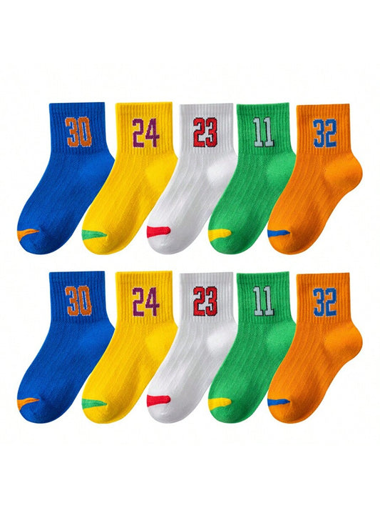 5pairs Spring/Summer Children's Socks For Boys, Basketball Style, Bright Colors, Cartoon, Breathable