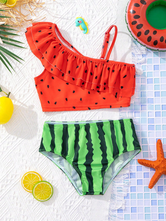 Young Girl Watermelon Element Printed One Shoulder Cami Ruffle Top And Triangle Bottom Bikini Set Bikini Set Summer Beach