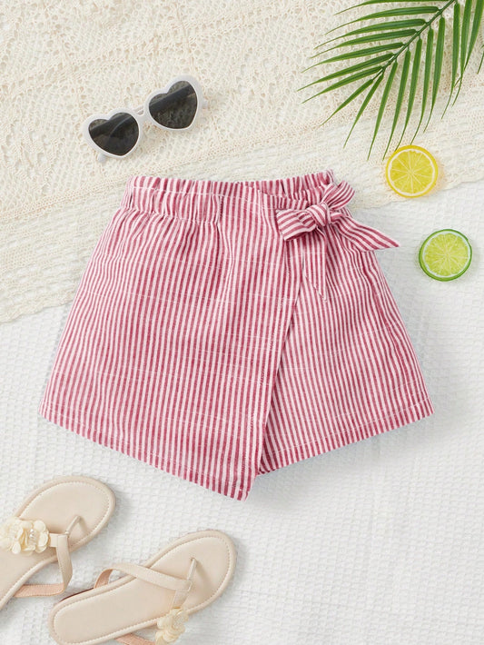 Young Girl's Casual Striped Skort With Bowknot