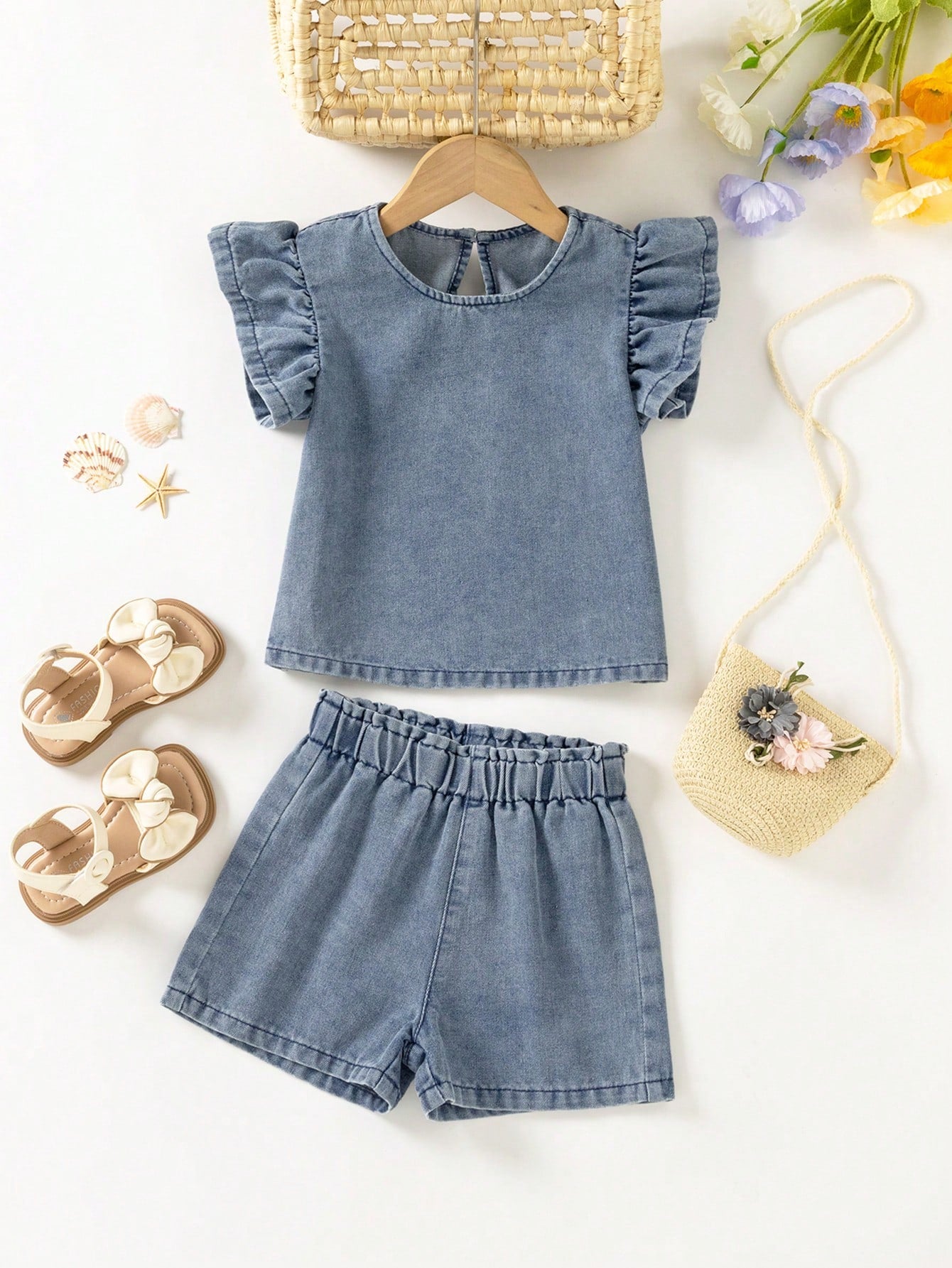 2pcs/Set Toddler Girls' Basic Daily Cute Drooping Shoulder Loose Comfy Denim Sweatshirt And Shorts