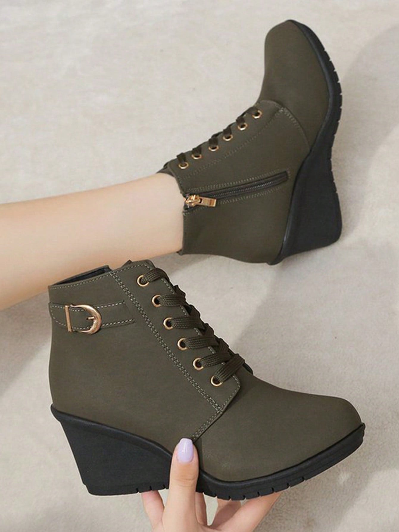 Women Fashionable Casual Shoes High-Heeled Thick-Soled Wedge-Tailed Tie-Up Short Round-Toe Spring, Summer, Autumn Casual Wear