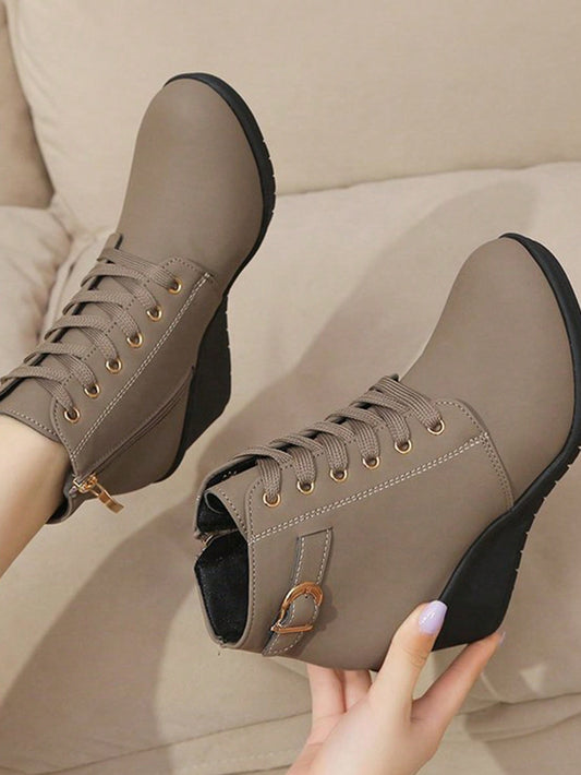 Women Fashionable Casual Shoes High-Heeled Thick-Soled Wedge-Tailed Tie-Up Short Round-Toe Spring, Summer, Autumn Casual Wear