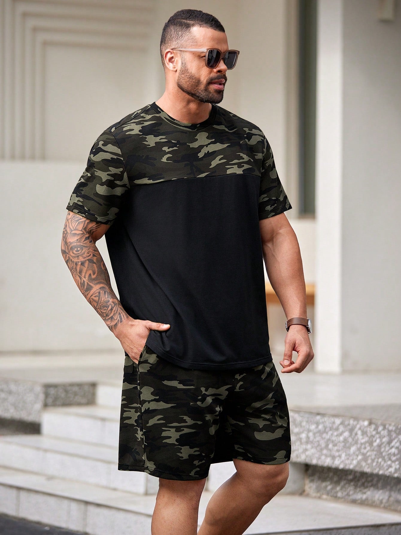 Men's Plus Size Camo Printed Short Sleeve T-Shirt And Knitted Shorts Casual 2pcs Outfit