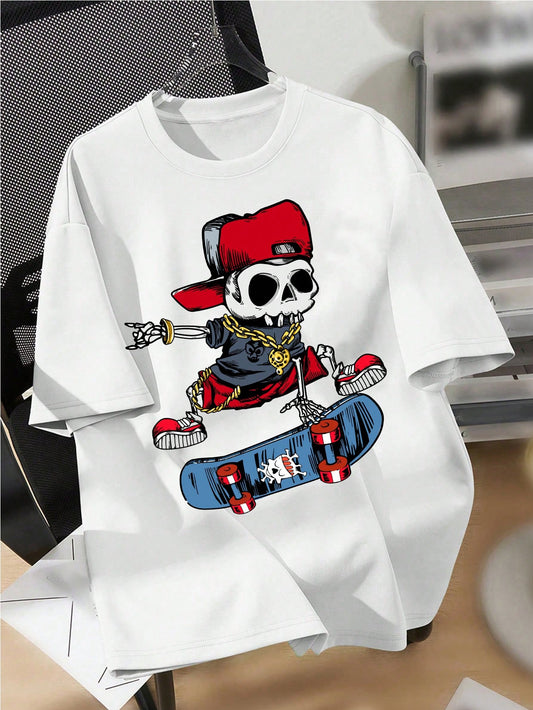 Tween Boys' Casual Cartoon Pattern Short Sleeve Round Neck T-Shirt, Suitable For Summer