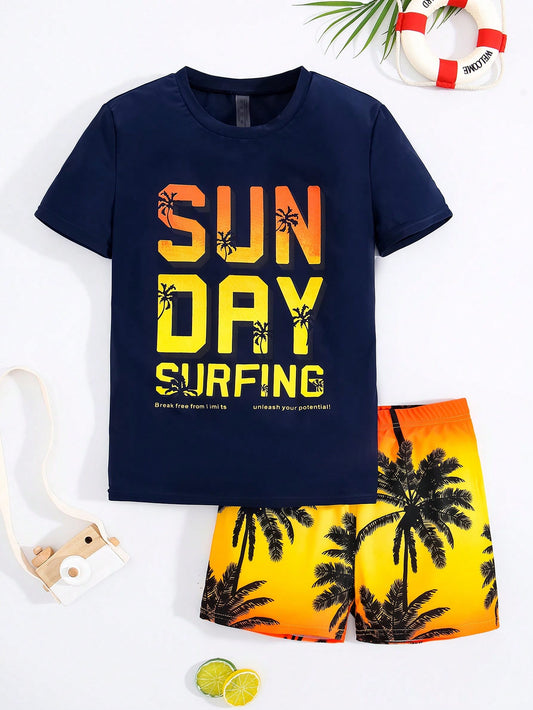 Teen Boys' Casual Printed Round Neck Pullover Sweatshirt And Coconut Tree Full Print Knitted Swim Shorts Two Piece Set