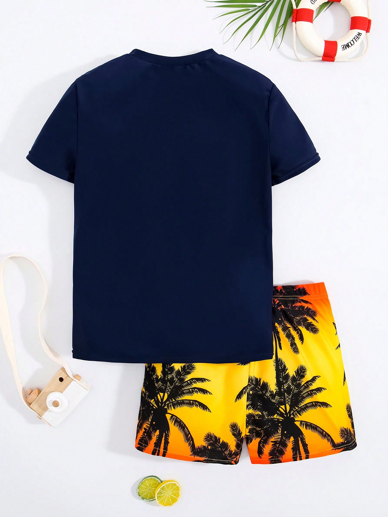 Teen Boys' Casual Printed Round Neck Pullover Sweatshirt And Coconut Tree Full Print Knitted Swim Shorts Two Piece Set