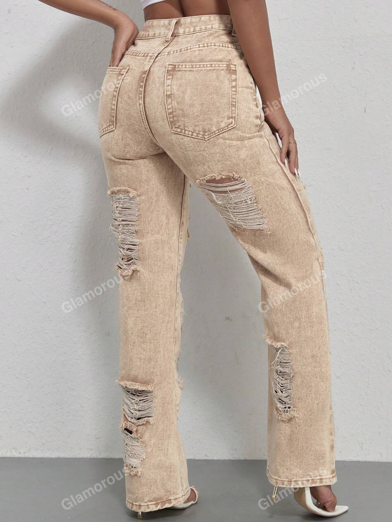 Y2K Street  Slant Pocket Distressed Ripped Cut Out Straight Leg Jeans